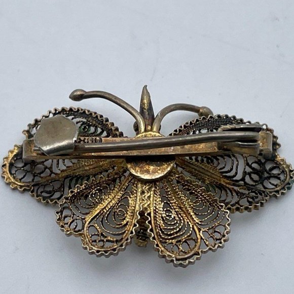 Vintage Antique 800 Sterling Silver Gold-Tone Filigree Butterfly Brooch Pin - Picture 5 of 6